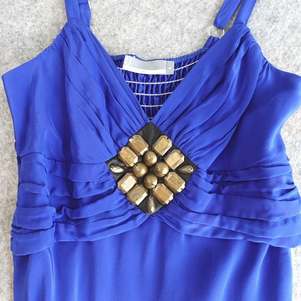Vintage Y2K Mini‎ Slip Dress Womens M Blue Silk Beaded Babydoll Going Out Party